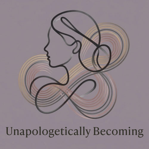 Nourivra Co. original graphic for Unapologetically Becoming -side view /silhouette of woman with infinity swirls surrounding head