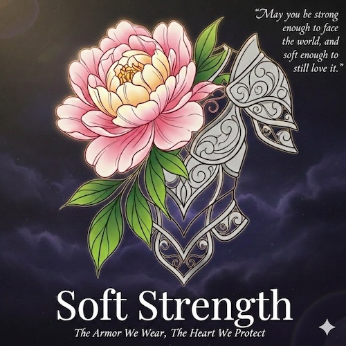 Nourivra Co. Soft Strength- pink peony with shield. The Armour we wear, the heart we protect