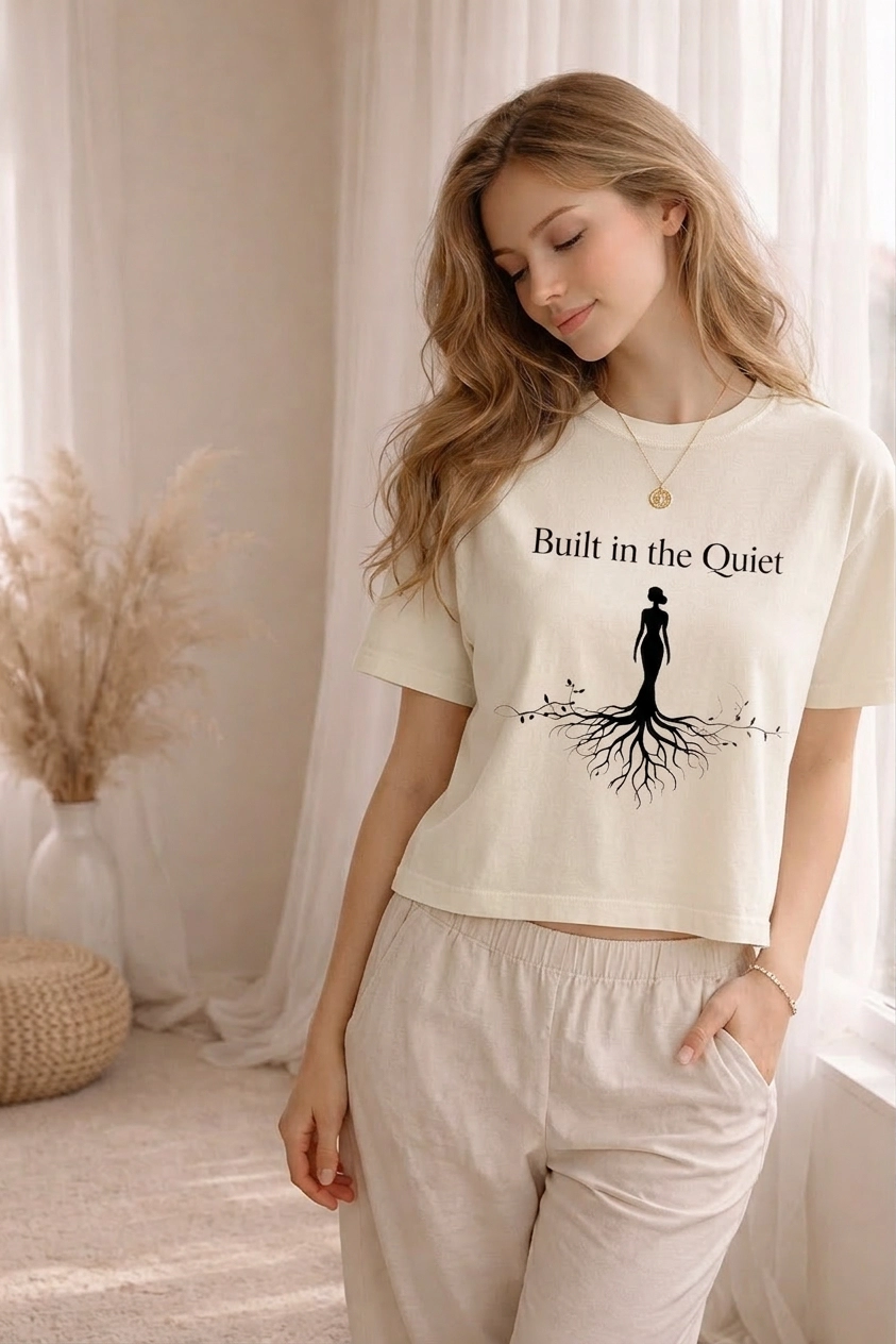 Nourivra Co., Blonde lady wearing original graphic "Built in the Quiet" cream boxy tee shirt