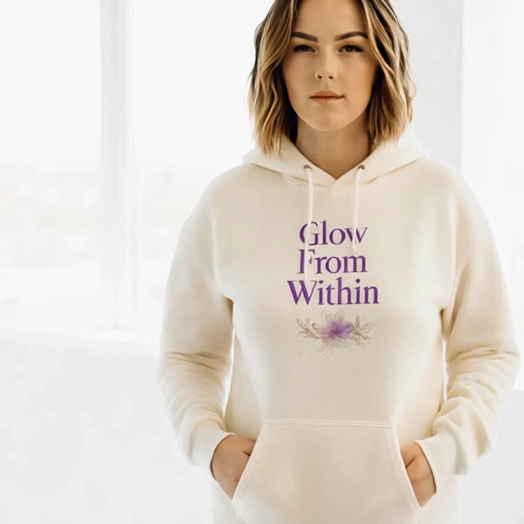 A woman wearing Nourivra Co. original colored graphic design of Glow From Within cream sweatshirt hoodie
