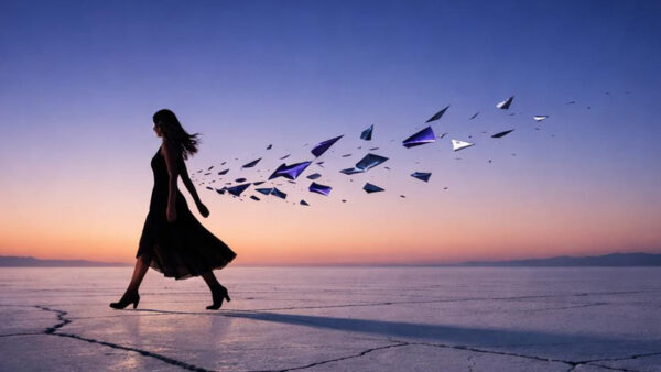 Nourivra Co. She Moves Different now- woman walking leaving a trail behind on dry cracked ground at sunset- crescent moon