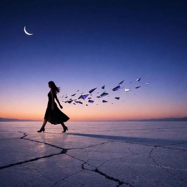 Nourivra Co. She Moves Different now- woman walking leaving a trail behind on dry cracked ground at sunset- crescent moon