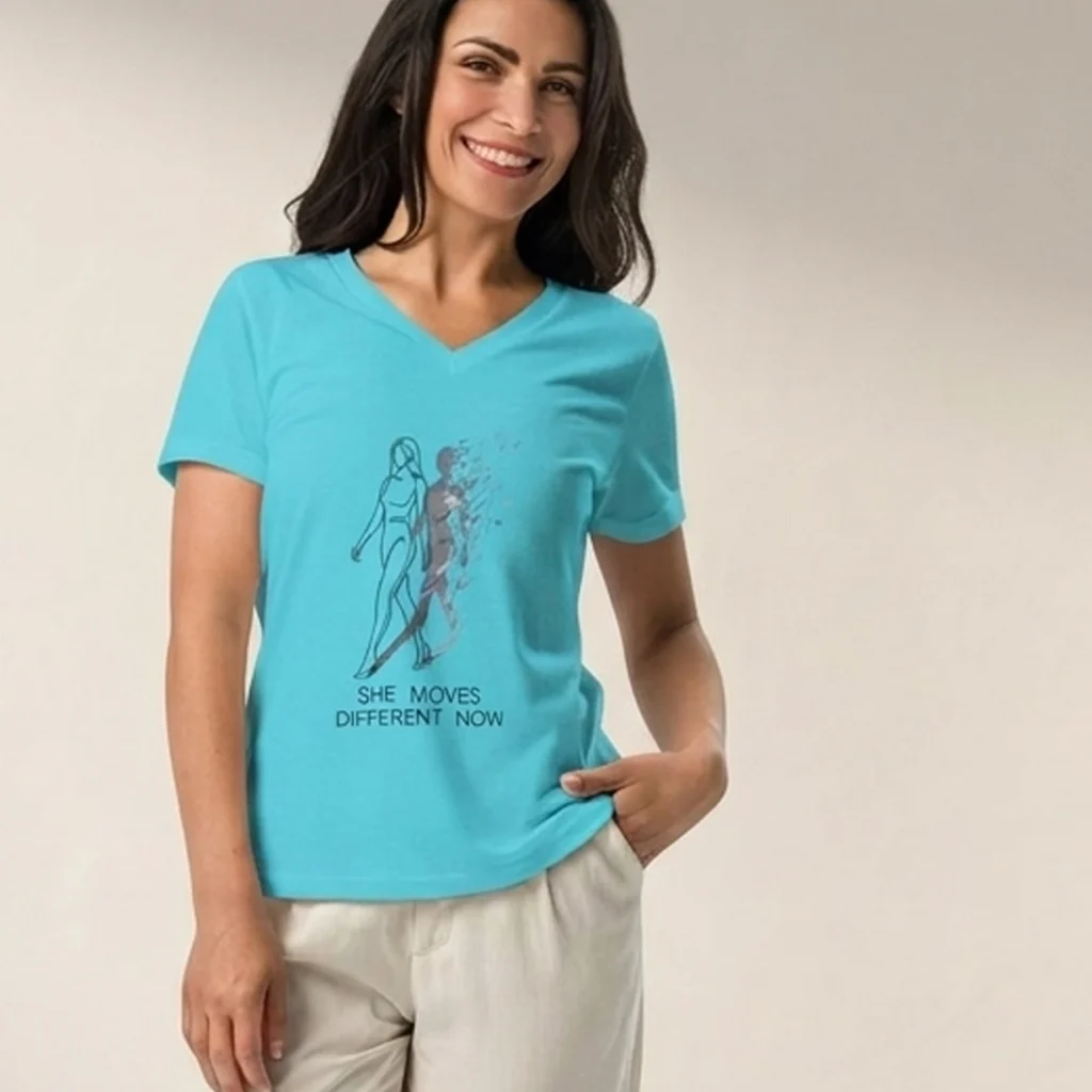 A brunette woman wearing Nourivra Co. original colored graphic tee with design of She Moves Differently Now teal v-neck