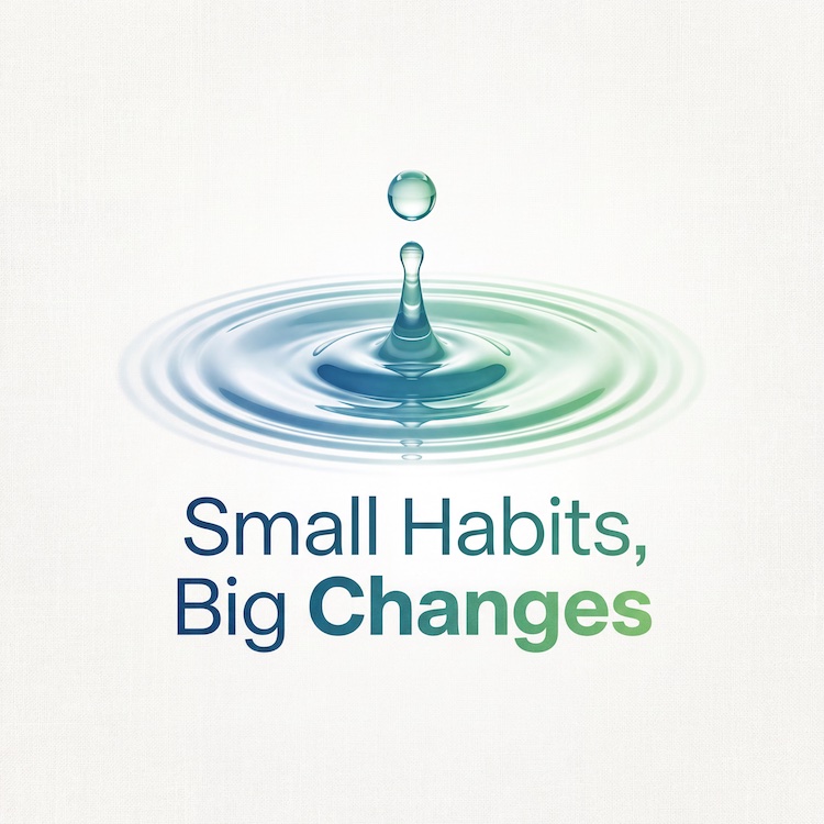 Nourivra Co. Small Habits, Big Changes blue green water droplet hitting ground 