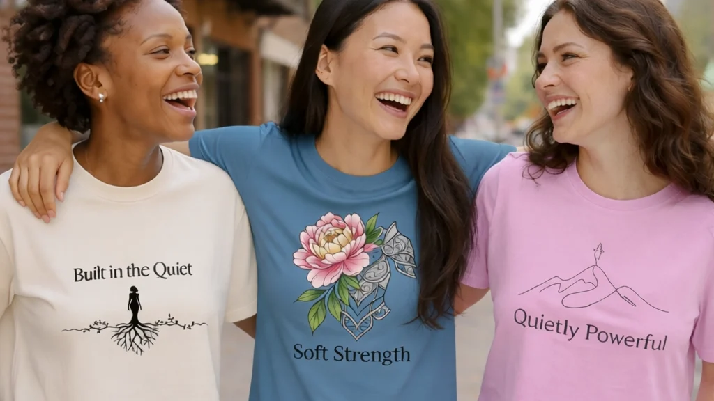 Three ladies wearing Nourivra Co. original graphic designed t-shirts